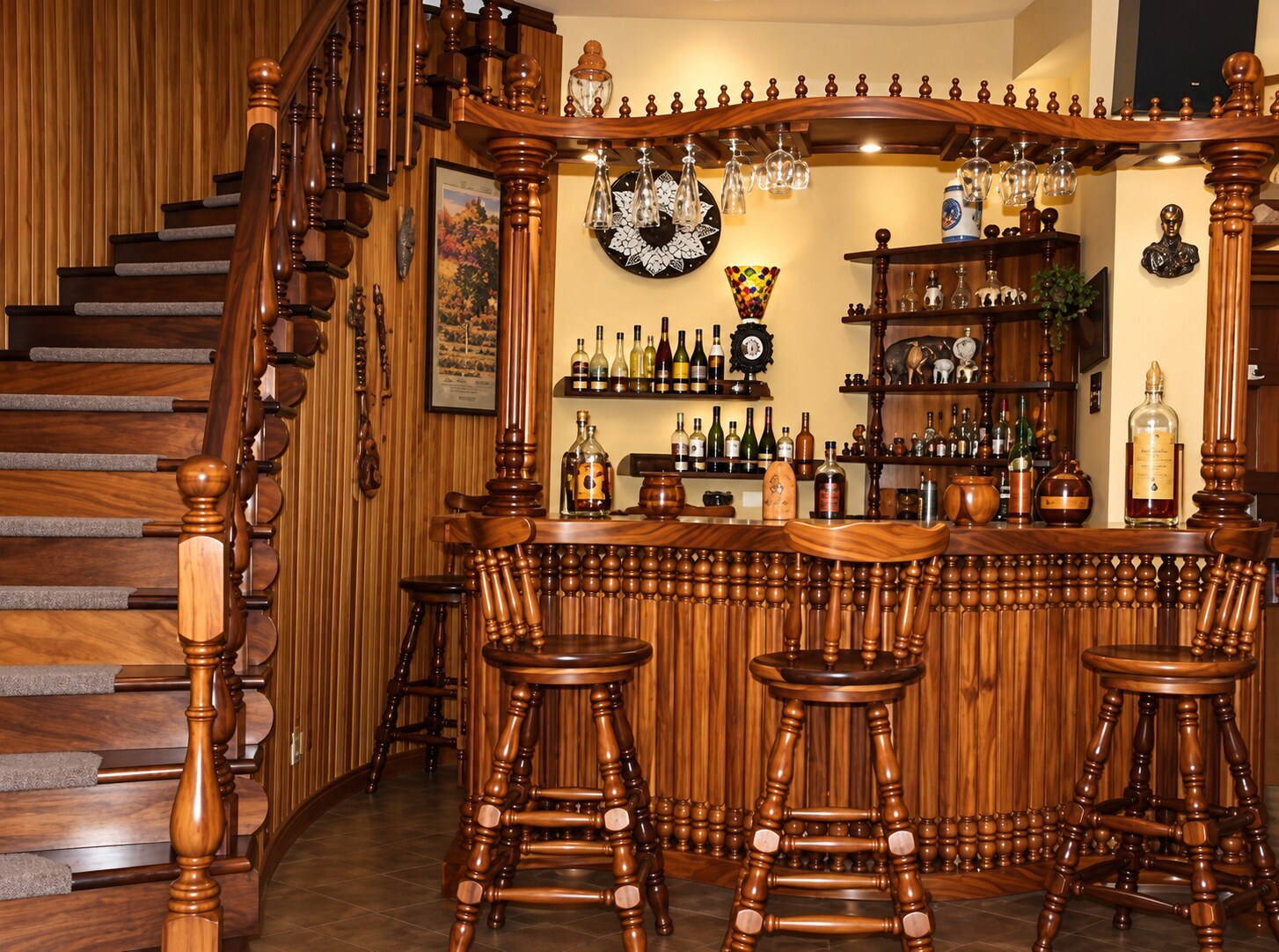 Bar completo de madera con botellero y taburetes