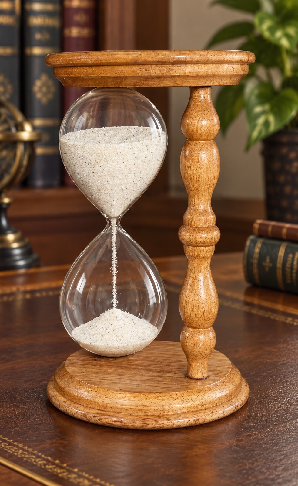 Reloj de arena con estructura torneada de madera