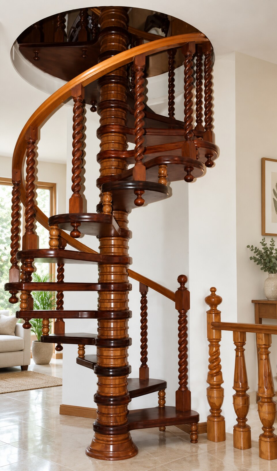 Escalera de caracol de madera con columna central y balaustres helicoidales