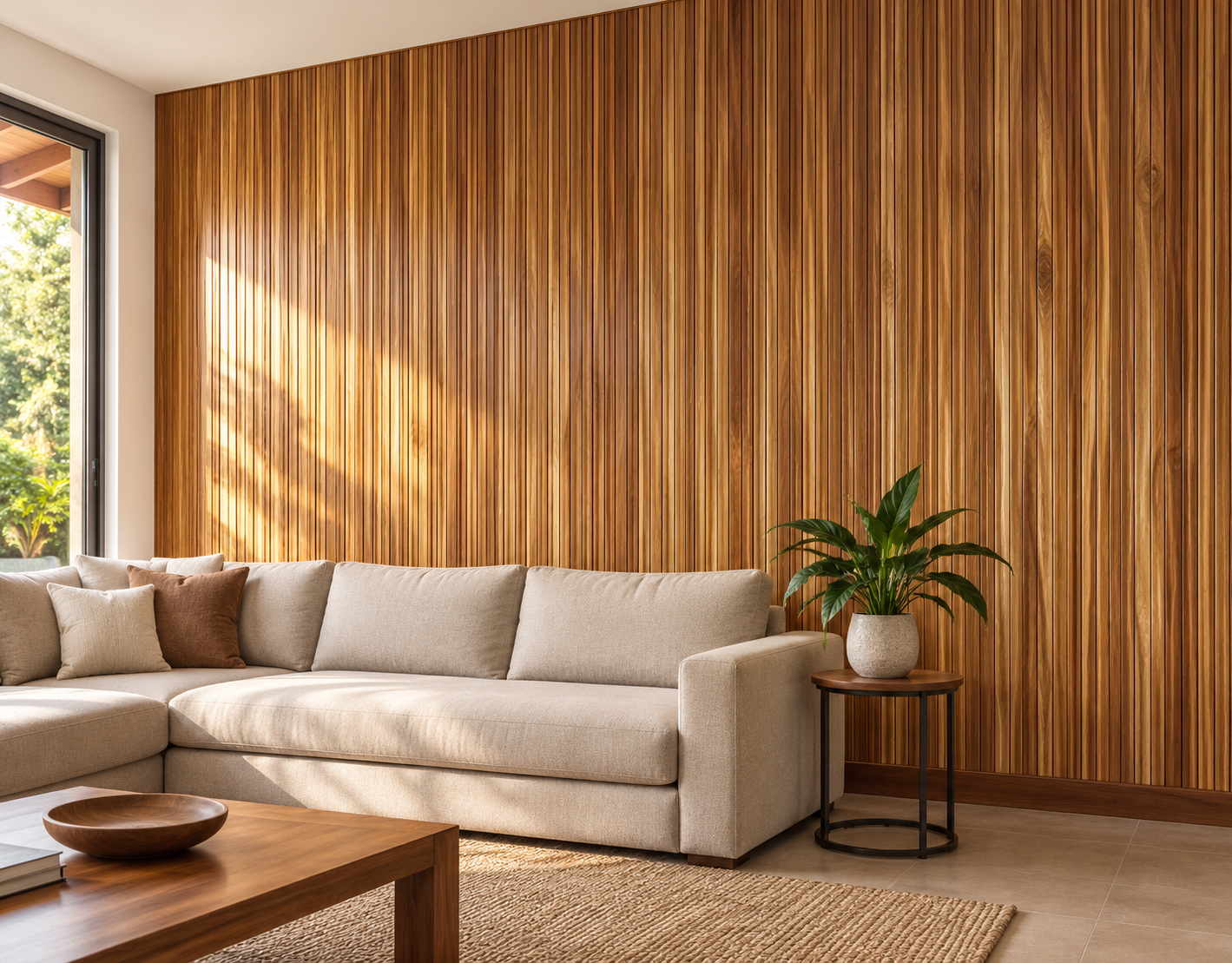 Sala con pared completa revestida en machimbrado vertical de madera