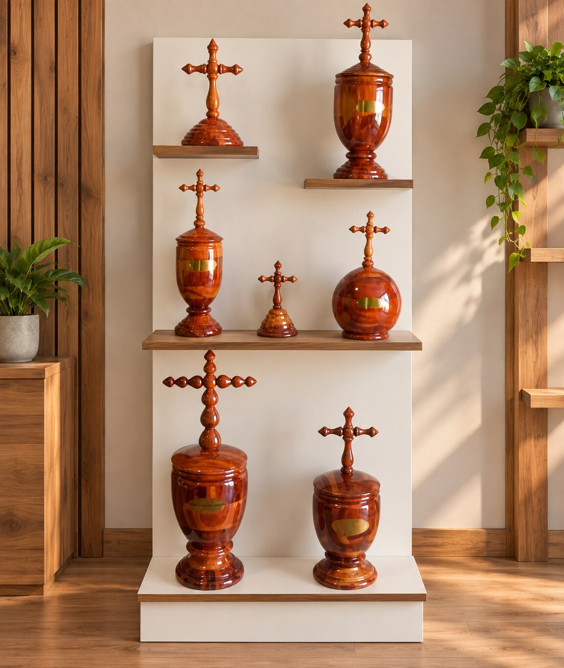 Colección de urnas funerarias artesanales elaboradas en madera torneada