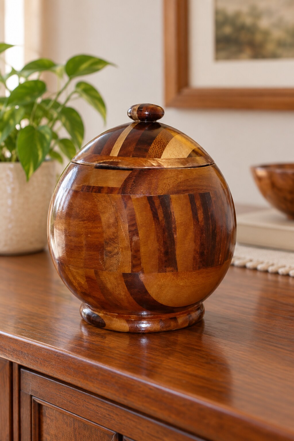 Recipiente esférico con tapa realizado en diferentes segmentos de madera