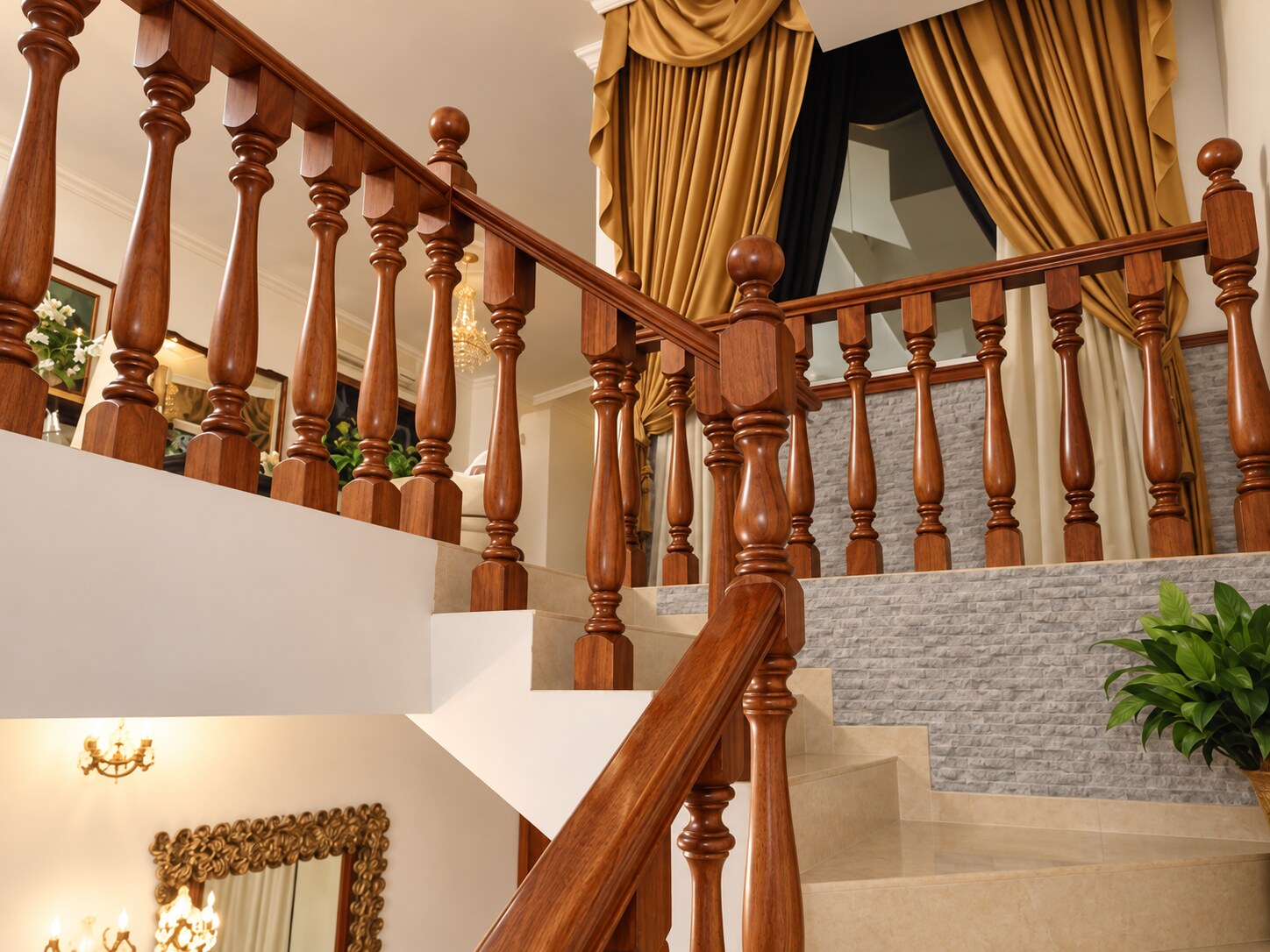 Escalera clásica con balaustres de madera